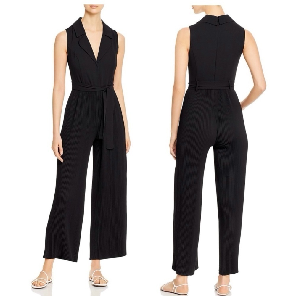 T TAHARI Sleeveless Pleated V-Neck Belted Jumpsuit Jumper Black New Size 8